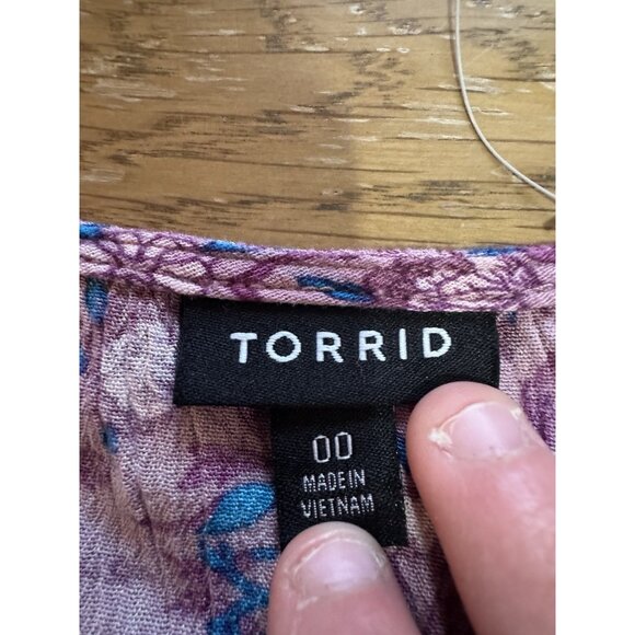 Torrid Women’s Peasant Top Size 00 Purple Floral‎ Crochet Short Sleeve Babydoll - Picture 3 of 11